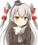  :3 amatsukaze_(kantai_collection) blush brown_eyes choker dress finger_to_mouth gloves grey_neckwear hair_tubes headgear highres kantai_collection kuroganeruto long_hair looking_at_viewer neckerchief sailor_collar sailor_dress silver_hair solo two_side_up upper_body white_background white_gloves 