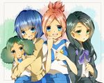  bad_id bad_pixiv_id black_hair blue_eyes blue_hair blush braid earth_eleven green_eyes green_hair highres inazuma_eleven_(series) inazuma_eleven_go inazuma_eleven_go_galaxy lightning_bolt long_hair looking_at_viewer mizukawa_minori morimura_konoha multiple_girls ninonuko nozaki_sakura open_mouth pink_hair short_hair soccer_uniform sorano_aoi sportswear sweat 