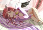  bat_wings bed_sheet bedroom bluekalmia bottomless breasts clothes_sniffing double_bun hat hat_removed head_wings headwear_removed holding holding_hat indoors koakuma long_hair lying masturbation medium_breasts on_side open_clothes red_eyes red_hair smelling solo touhou window wings 