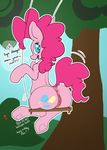  2014 anus blue_eyes butt cutie_mark dialog earth_pony english_text equine eyelashes female friendship_is_magic fur hair hellticket hooves horse mammal my_little_pony open_mouth outside pink_fur pink_hair pinkie_pie_(mlp) pony pussy solo swing text 