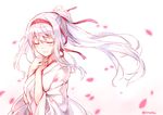 alternate_hairstyle blush closed_eyes downscaled hairband hand_on_own_chest hiten_(hitenkei) japanese_clothes kantai_collection long_hair md5_mismatch petals ponytail resized shoukaku_(kantai_collection) solo twitter_username upper_body 