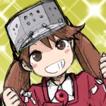  blush blush_stickers brown_eyes brown_hair clenched_hands collared_shirt grin kaneko_masaru kantai_collection long_hair looking_at_viewer magatama no_nose ryuujou_(kantai_collection) shirt smile solo sparkle teeth twintails upper_body visor_cap 