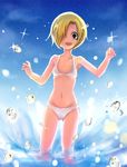  bikini blonde_hair hair_over_one_eye idolmaster idolmaster_cinderella_girls red_eyes shirasaka_koume short_hair splashing swimsuit takatsurt 