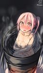  bad_id bad_pixiv_id bathing blush breasts dated drum_(container) drum_bath full-face_blush harusame_(kantai_collection) in_container kantai_collection leg_hug looking_at_viewer nekobaka nose_blush nude onsen partially_submerged pink_eyes pink_hair side_ponytail small_breasts solo tears twitter_username wavy_mouth 