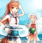  2girls animal_ears blue_sailor_collar blue_sky braid brown_eyes brown_hair collarbone dress eyes_closed floating_hair food fruit halterneck hat holding holo innertube long_hair looking_at_viewer mayumura_basako mother_and_daughter multiple_girls myuri_(spice_and_wolf) open_mouth outdoors pink_dress ponytail sailor_collar shirt short_dress short_shorts shorts silver_hair sky sleeveless sleeveless_dress sleeveless_shirt spice_and_wolf summer sun_hat tail very_long_hair watermelon wetsuit white_hat white_shirt wolf_ears wolf_tail 