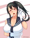  bad_id bad_pixiv_id black_hair blush breasts cleavage gloves highres kantai_collection kedama_keito large_breasts long_hair looking_at_viewer open_mouth ponytail red_eyes solo twitter_username white_gloves yahagi_(kantai_collection) 