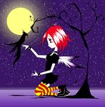  1girl angel animal bird black black_dress cuffs dress goth gothic highres jewelry moon necklace night pale_skin profile red_eyes red_hair ruby_gloom ruby_gloom_(character) shoes sky smile star stars tree vector_trace wings 