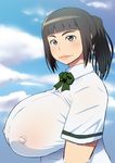  breasts brown_eyes brown_hair cloud commentary_request covered_nipples day eyebrows huge_breasts lips oota_azami original ponytail shirt short_hair sky smile solo tetrodotoxin 