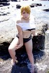  1girl asian beach blonde_hair breasts chouzuki_maryou cosplay highres large_breasts miss_spencer miss_spencer_(cosplay) ocean photo plump rumble_roses rumble_roses_xx 