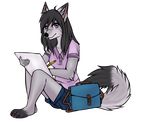  alpha_channel black_hair canine claws clothing female fluffy_tail grey_fur hair jodiekatt mammal paper pencil purple_eyes sachel shorts solo wolf 