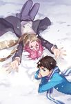  blue_eyes brown_hair free! from_above highres looking_at_viewer lying male_focus matsuoka_rin multiple_boys nanjou_(sumeragimishiro) on_back open_mouth red_eyes red_hair scarf snow yamazaki_sousuke 