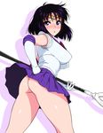  ass bishoujo_senshi_sailor_moon black_hair blush elbow_gloves from_behind gloves highres holding holding_spear holding_weapon jewelry jinroku looking_back magical_girl no_panties open_mouth polearm purple_eyes purple_sailor_collar purple_skirt sailor_collar sailor_saturn sailor_senshi_uniform short_hair silence_glaive skirt skirt_lift solo spear standing tiara tomoe_hotaru weapon white_gloves wind wind_lift 