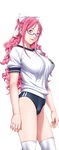  1girl bloomers breasts buruma game_cg glasses gym_uniform hair_ribbon highres kusukawa_suzune large_breasts legs long_hair looking_at_viewer p/a:_potential_ability pink_eyes pink_hair ribbon sei_shoujo simple_background smile solo standing thighs white_background white_legwear 