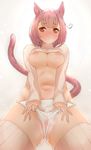  animal_ears bad_id bad_pixiv_id blush breasts cameltoe cat_ears clothes_lift from_below highres large_breasts looking_at_viewer navel nipples original panties parted_lips pink_hair red_eyes ribbed_legwear ribbed_sweater shirt_lift short_hair solo sweater sweater_lift tail thighhighs underboob underwear white_legwear white_panties yaman 