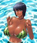  1girl alternate_color bikini black_eyes black_hair breasts bust choker curvy dark_skin erect_nipples fatal_frame fatal_frame_3 female green_bikini huge_breasts kurosawa_rei lips looking_at_viewer ml navel pixiv_manga_sample shiny shiny_skin short_hair smile solo standing string_bikini swimsuit upper_body water watermelon_print wet 