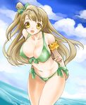  arms_behind_back bikini breasts brown_hair cleavage front-tie_top green_bikini hasei_agana large_breasts long_hair love_live! love_live!_school_idol_project minami_kotori side-tie_bikini swimsuit thigh_gap topknot yellow_eyes 