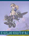  ahoge aircraft airplane bad_id bad_pixiv_id blonde_hair blue_eyes blush brand_name_imitation brown_hair flying goggles goggles_on_head long_hair mecha_musume military mosquito_(airplane) open_mouth sano_toshihide smile solo_focus tamiya_incorporated thighhighs world_war_ii 