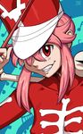  bone dress evil_smile fang hair_bun hair_over_one_eye jakuzure_nonon kill_la_kill looking_at_viewer musical_note open_mouth pink_hair pointer ragathol red_dress red_eyes shaded_face sidelocks smile solo teeth 