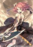  black_dress breasts dress elbow_gloves fighting_stance galaxy_dungeon gloves hair_ornament halberd keypot long_hair medium_breasts official_art open_mouth pink_eyes pink_hair polearm solo thighhighs weapon white_legwear 