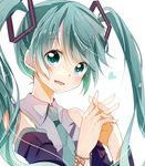  aqua_eyes aqua_hair asuku_(69-1-31) bracelet detached_sleeves hatsune_miku heart jewelry long_hair looking_at_viewer necktie simple_background solo twintails vocaloid white_background 