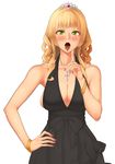  bad_id bad_pixiv_id bare_shoulders blush bracelet breasts cherry_stem_knot cleavage dress green_eyes hand_on_hip highres jewelry kedama_keito large_breasts long_hair looking_at_viewer necklace open_mouth original pointing ring sleeveless sleeveless_dress solo tiara tongue tongue_out 