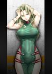  bare_arms bare_shoulders breasts collar commentary_request covered_navel cowboy_shot dress green_dress green_eyes green_hair lamia_loveless large_breasts long_hair looking_at_viewer osafune_kairi parted_lips pelvic_curtain solo super_robot_wars super_robot_wars_original_generation 