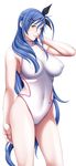  1girl blue_hair breasts choker game_cg hair_ribbon highres ikazaki_reia large_breasts legs long_hair looking_at_viewer p/a:_potential_ability ribbon see-through sei_shoujo simple_background solo standing swimsuit thighs white_background yellow_eyes 