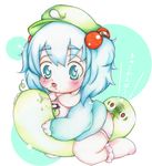  baby bib blue_eyes blue_hair cuddle_toy diaper drooling hair_bobbles hair_ornament hat kappa kawashiro_nitori plump red_eyes saliva socks solo takatoo_kurosuke touhou two_side_up 