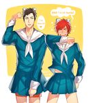  bad_id bad_pixiv_id black_eyes black_hair blush bow cosplay crossdressing english gekkan_shoujo_nozaki-kun hair_bow kanapy male_focus mamiko_(koi_shiyou!) mamiko_(koi_shiyou!)_(cosplay) mikoshiba_mikoto multiple_boys nozaki_umetarou red_eyes red_hair school_uniform serafuku shorts shorts_under_skirt 