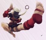  alternate_costume asymmetrical_clothes barefoot decapre feet fingerless_gloves flying_kick foreshortening gloves harness kicking long_hair man_in_the_iron_mask mask red_eyes scamwich soles solo street_fighter street_fighter_iv_(series) toenail_polish toes 