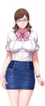  1girl breasts brown_eyes brown_hair earrings game_cg glasses hair_ornament hairclip happy highres jewelry large_breasts legs looking_at_viewer mihara_aika p/a:_potential_ability sei_shoujo short_hair simple_background skirt smile solo standing thighs watch white_background wristwatch 