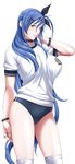  1girl bloomers blue_hair bracelet breasts buruma choker game_cg gym_uniform hair_ribbon highres ikazaki_reia jewelry large_breasts legs long_hair looking_at_viewer p/a:_potential_ability ribbon sei_shoujo simple_background solo spiked_bracelet spikes standing thighs white_background yellow_eyes 
