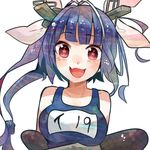  bangs bare_shoulders blue_hair breast_rest breasts character_name collarbone eyebrows eyebrows_visible_through_hair fang hair_ornament hair_ribbon i-19_(kantai_collection) itomugi-kun kantai_collection long_hair looking_at_viewer medium_breasts multicolored_hair name_tag one-piece_swimsuit open_mouth pink_ribbon red_eyes ribbon school_swimsuit simple_background sleeveless smile solo star star-shaped_pupils swimsuit symbol-shaped_pupils torpedo twintails upper_body white_background 