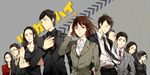  5girls adjusting_clothes adjusting_necktie black_eyes black_hair brown_hair character_request closed_eyes copyright_name crossed_arms dress formal glasses grey_background group_picture group_profile hattori_(legal_high) ide_takao kaga_ranmaru kkkkt komikado_kensuke legal_high lineup long_hair looking_at_viewer mayuzumi_machiko multiple_boys multiple_girls necktie polka_dot polka_dot_background profile sawachi_kimie short_hair sleeveless sleeveless_dress smile suit upper_body yellow_eyes 