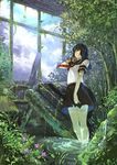  adjusting_hair black_hair cloud day highres instrument koruse long_hair original overgrown piano red_eyes ruins school_uniform serafuku skirt sky solo standing wading water 