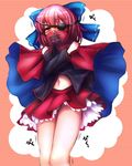  bad_id bad_pixiv_id blush bow cape commentary_request crossed_arms eyepatch hair_bow long_sleeves maru_daizu_(aqua6233) midriff navel red_eyes red_hair sekibanki shirt skirt solo touhou 