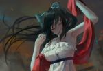  1girl armpits bare_shoulders black_hair bow breasts commentary_request dress hair_bow large_breasts long_hair noccu noihara_himari omamori_himari one_eye_closed open_mouth ponytail purple_eyes sleeveless sleeveless_dress solo very_long_hair white_dress 