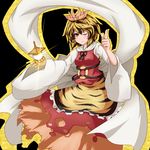  asuto3 bishamonten's_pagoda black_background blonde_hair blush multicolored_hair one_eye_closed short_hair simple_background smile solo toramaru_shou touhou two-tone_hair yellow_eyes 