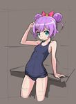  bow brown_background cropped_legs double_bun green_eyes hair_bow looking_at_viewer manaka_lala one-piece_swimsuit pretty_(series) pripara purple_hair rohitsuka school_swimsuit short_hair sketch smile solo swimsuit 