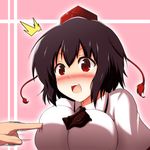  1girl black_hair blush breasts hat large_breasts open_mouth poco_(pocoyb) red_eyes shameimaru_aya short_hair solo_focus tokin_hat touhou 