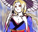  1girl blonde_hair breasts brown_eyes cleavage facial_mark forehead_mark japanese_clothes large_breasts long_hair looking_at_viewer nail_polish naruto red_nails solo touka002302 tsunade umbrella 