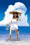  bare_shoulders barefoot beach black_hair cloud day dress green_eyes hat high_heels holding holding_shoes horizon long_hair ocean original outdoors ripples sandals shoes shoes_removed short_dress sky sleeveless smile solo standing sun_hat tied_dress v wading water white_dress 