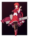  athrun1120 boots bow braid capelet cross hair_bow long_braid long_hair okazaki_yumemi pantyhose red_capelet red_eyes red_hair shirt skirt solo touhou touhou_(pc-98) very_long_hair 