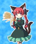  :3 animal_ears braid cat_ears cat_tail dress frilled_dress frills isaki_(gomi) kaenbyou_rin long_hair long_sleeves multiple_tails red_eyes red_hair tail touhou twin_braids wheat 