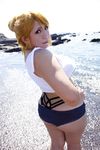  1girl asian ass beach blonde_hair chouzuki_maryou cosplay highres huge_ass miss_spencer miss_spencer_(cosplay) ocean photo plump rumble_roses rumble_roses_xx solo 