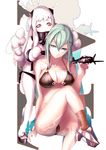  aircraft airplane bare_shoulders bikini breasts cleavage ere_(2516325) green_eyes green_hair hair_ornament hairclip kantai_collection large_breasts long_hair looking_at_viewer multiple_girls northern_ocean_hime red_eyes shinkaisei-kan smile suzuya_(kantai_collection) swimsuit white_hair 