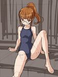  barefoot brown_background brown_eyes brown_hair glasses looking_at_viewer minami_mirei one-piece_swimsuit ponytail pretty_(series) pripara rohitsuka school_swimsuit short_hair sitting sketch smile solo swimsuit 