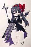  :d akemi_homura akuma_homura argyle argyle_legwear bare_shoulders black_gloves black_hair bow choker closed_eyes dress elbow_gloves facing_viewer fc_(efushii) gloves hair_bow hand_to_own_mouth lilia_(madoka_magica) long_hair mahou_shoujo_madoka_magica mahou_shoujo_madoka_magica_movie open_mouth polearm simple_background sitting smile spear spoilers thighhighs weapon white_background wings 