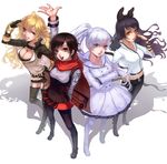  black_hair blake_belladonna blonde_hair bojue_yu_yaojing_695657 boots bow breasts cape cleavage dress hair_bow large_breasts long_hair multiple_girls one_eye_closed outstretched_arm pantyhose ponytail red_hair ruby_rose rwby short_hair smile thigh_boots thighhighs weiss_schnee white_hair yang_xiao_long yellow_eyes 