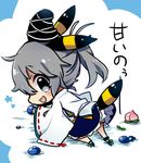  animal_ears blush chibi cosplay food fruit gen_2_pokemon hat japanese_clothes kariginu kemonomimi_mode mononobe_no_futo peach pokemon pokemon_(creature) rock silver_hair six_(fnrptal1010) skirt solo tate_eboshi touhou umbreon umbreon_(cosplay) underwear 